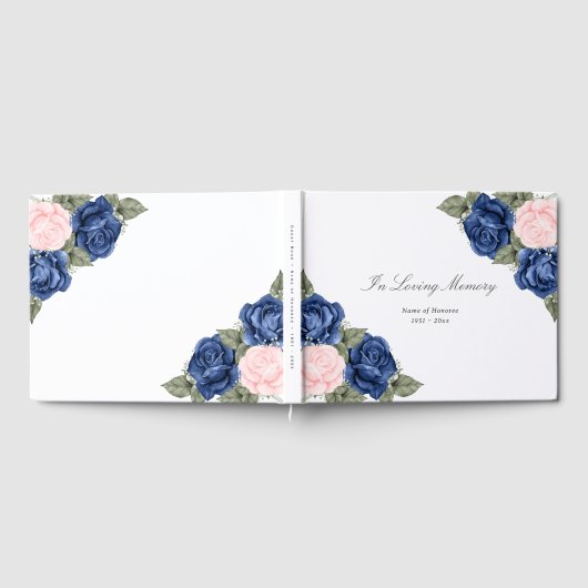 Elegante Blauwe Roze Rozen Bloemrijke Uitvaart Gastenboek (Volledig)