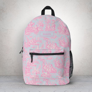 Elegante Blauwe Roze Vintage Toile de Jouy Monogra Bedrukte Rugzak