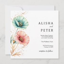 Elegante Blauwe & Roze Waterverf Huwelijksuitnodig Kaart