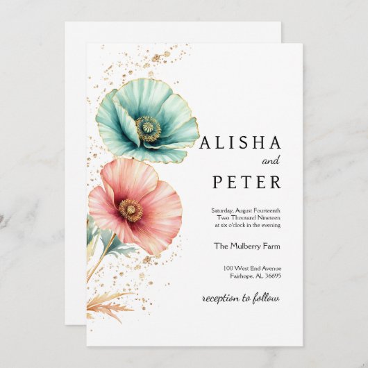 Elegante Blauwe & Roze Waterverf Huwelijksuitnodig Save The Date (Voorkant / Achterkant)