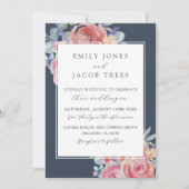 Elegante Blauwe & Roze Waterverf Roos bruiloft Kaart (Voorkant)