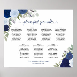 Elegante Blauwe Rozen 7 Tafel Bruiloftstoewijzings Poster