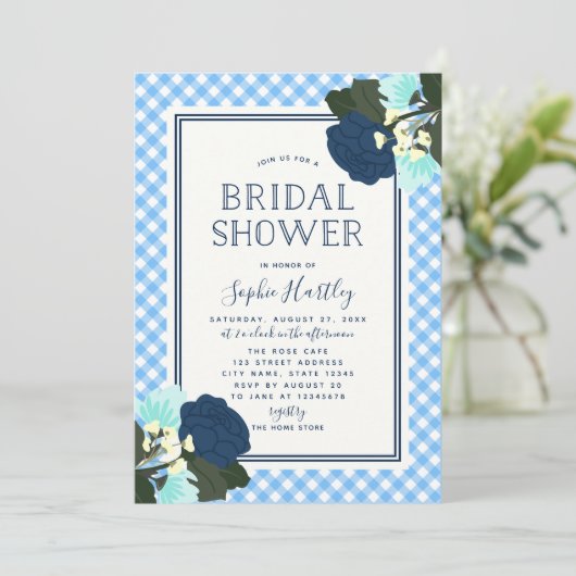 Elegante Blauwe Rozen Bloemen Bruidsdouche Uitnodi Kaart (Staand voorkant)