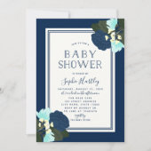Elegante Blauwe Rozen Bloemige Baby Shower Uitnodi Kaart (Voorkant)