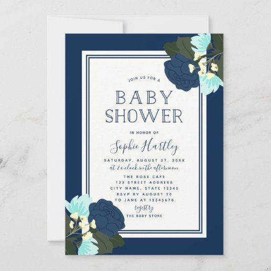 Elegante Blauwe Rozen Bloemige Baby Shower Uitnodi Kaart (Voorkant)