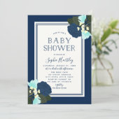 Elegante Blauwe Rozen Bloemige Baby Shower Uitnodi Kaart (Staand voorkant)