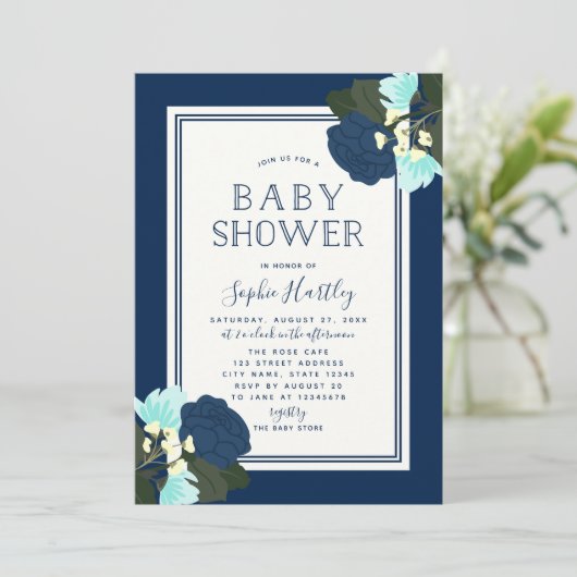 Elegante Blauwe Rozen Bloemige Baby Shower Uitnodi Kaart (Staand voorkant)