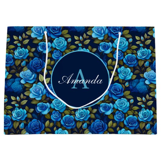 Elegante Blauwe Rozen Bloempatroon Monografische F Groot Cadeauzakje (Voorkant)