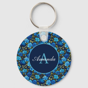 Elegante Blauwe Rozen Bloempatroon Monografische F Sleutelhanger