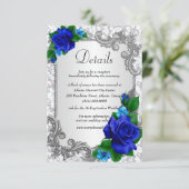 Elegante Blauwe Rozen Bruiloft Details Informatiekaartje (Staand voorkant)