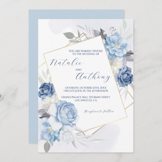 Elegante Blauwe Rozen Bruiloft Kaart (Voorkant / Achterkant)