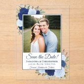 Elegante Blauwe Rozen bruiloft Save the Date Foto Acryl Uitnodigingen (Voorkant)