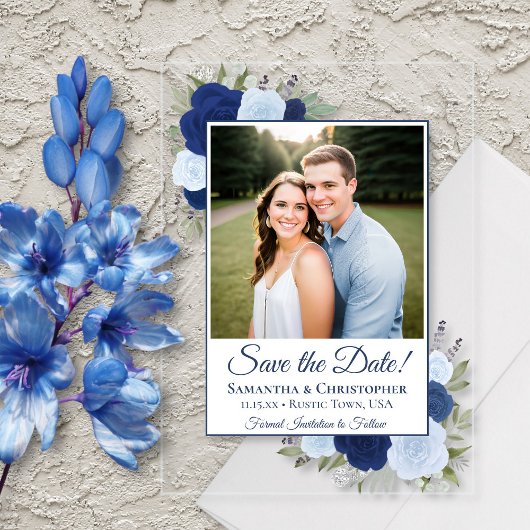 Elegante Blauwe Rozen bruiloft Save the Date Foto Acryl Uitnodigingen