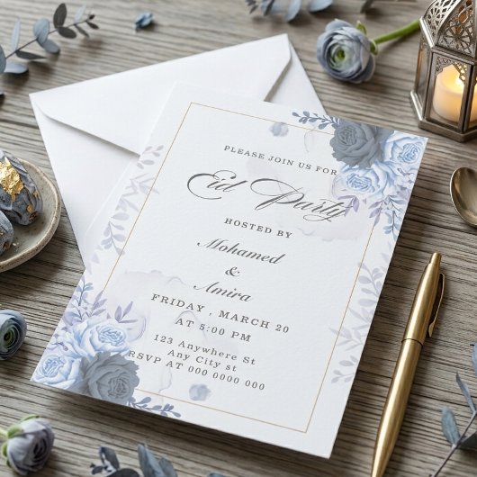 Elegante Blauwe Rozen Eid-feestuitnodiging Kaart
