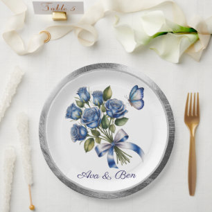 Elegante Blauwe Rozen en Vlinder Zilveren Bruiloft Papieren Bordje