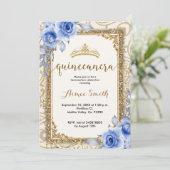 Elegante Blauwe Rozen Floral Gold Mis Quince Kaart (Staand voorkant)