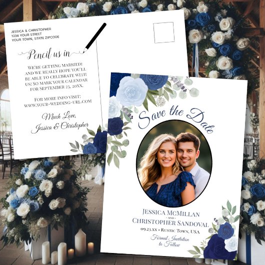 Elegante Blauwe Rozen & Foto Trouw Save the Date Aankondigingskaart