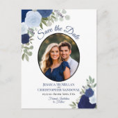 Elegante Blauwe Rozen & Foto Trouw Save the Date Aankondigingskaart (Voorkant)