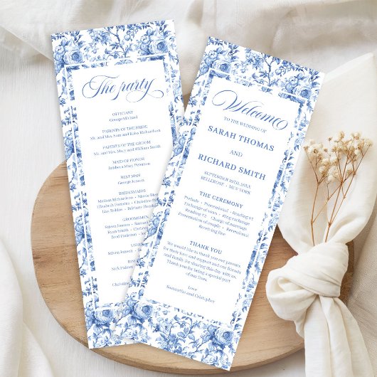 Elegante Blauwe Rozen Franse Toile Huwelijksprogra Programmakaart