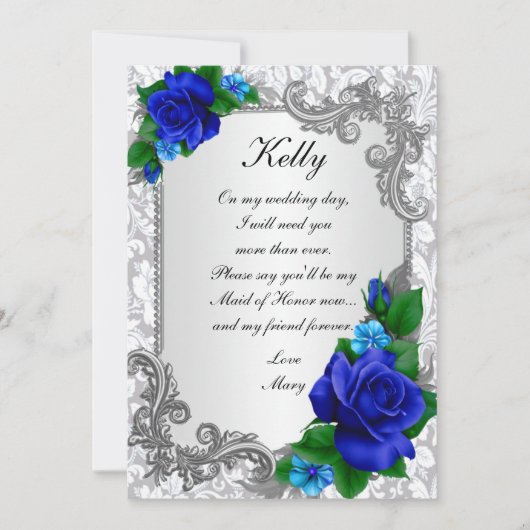 Elegante Blauwe Rozen Getuige Kaart (Voorkant)