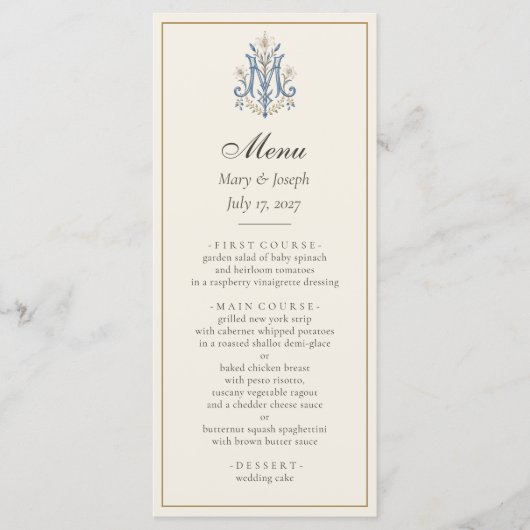 Elegante Blauwe Rozen Katholieke Trouwmenu | Maria Menu (Voorkant)
