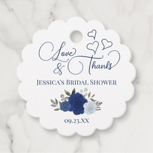 Elegante Blauwe Rozen Liefde & Dank Bruidsdouche Bedankjes Labels (Voorkant)