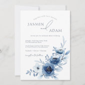 Elegante Blauwe Rozen Monogram Trouwdag Kaart (Voorkant)