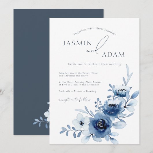 Elegante Blauwe Rozen Monogram Trouwdag Kaart (Voorkant / Achterkant)