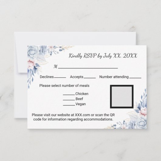 Elegante Blauwe Rozen RSVP Kaartje (Voorkant)
