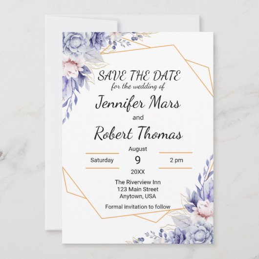 Elegante Blauwe Rozen Save The Date (Voorkant)