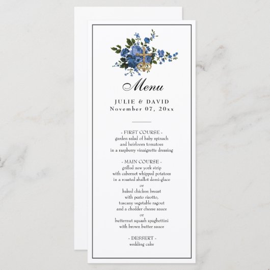 Elegante Blauwe Rozen Trouwen Religieus Menu (Voorkant / Achterkant)