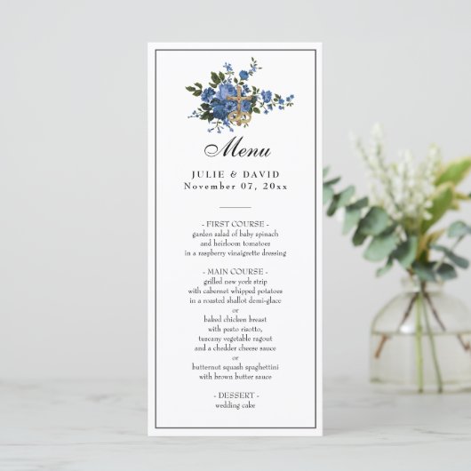 Elegante Blauwe Rozen Trouwen Religieus Menu (Staand voorkant)
