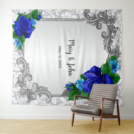 Elegante Blauwe Rozen Trouwfoto Achtergrond Wandkleed (In Situ (horizontaal))