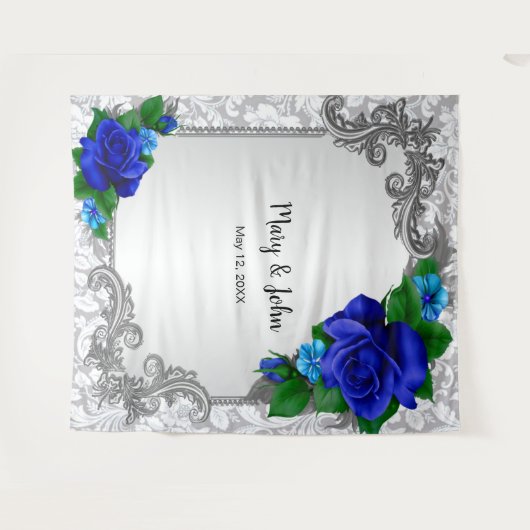 Elegante Blauwe Rozen Trouwfoto Achtergrond Wandkleed (Voorkant (horizontaal))