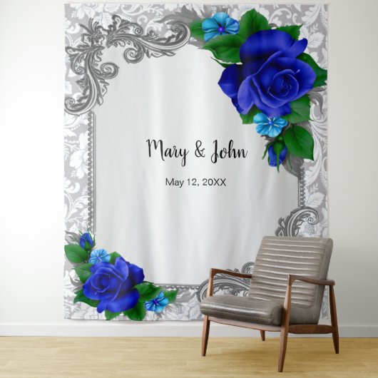 Elegante Blauwe Rozen Trouwfoto Achtergrond Wandkleed (In situ)