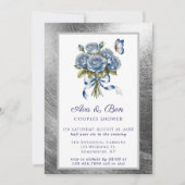 Elegante Blauwe Rozen Vlinder Zilveren Koppels Bru Kaart (Voorkant)