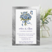 Elegante Blauwe Rozen Vlinder Zilveren Koppels Bru Kaart (Staand voorkant)