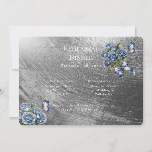 Elegante Blauwe Rozen Zilveren Oefenavond Kaart (Voorkant)