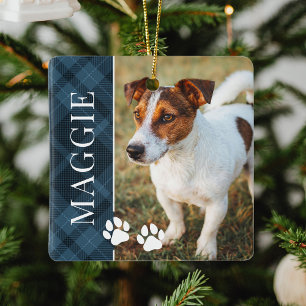 Elegante blauwe ruit huisdier naam en foto keramisch ornament