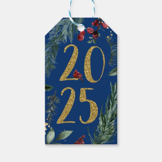 Elegante Blauwe Rustieke Nieuwjaarskaart 2025 Cadeaulabel (Voorkant)