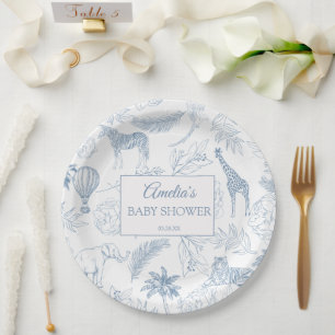 Elegante Blauwe Safari Dieren Jungle Baby Shower Papieren Bordje