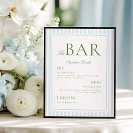 Elegante Blauwe & Salie Gestreepte BAR Poster