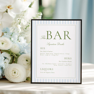 Elegante Blauwe & Salie Gestreepte BAR Poster