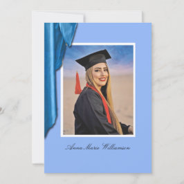 Elegante blauwe satijnen afstudeeraankondiging kaart