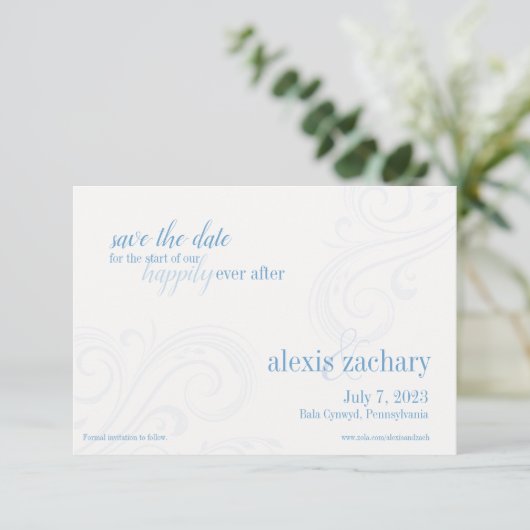 Elegante blauwe Save-the-Date, Caroline Wedding Save The Date (Staand voorkant)