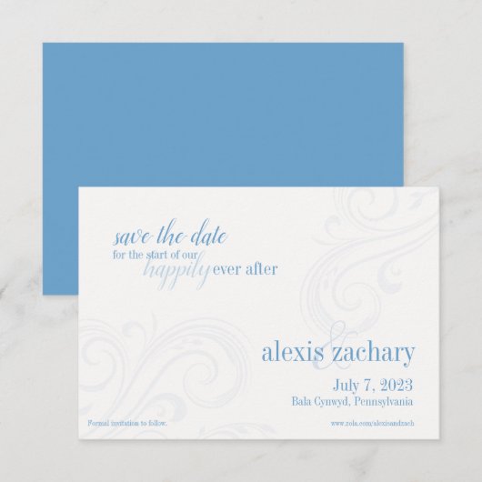Elegante blauwe Save-the-Date, Caroline Wedding Save The Date (Voorkant / Achterkant)