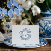 Elegante Blauwe Script Bloem Crest Trouw RSVP Kaartje