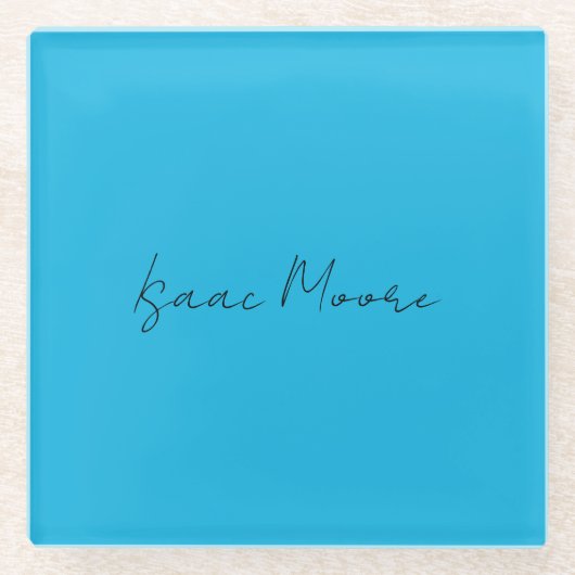 Elegante Blauwe Script Calligrafie Naam Glazen Onderzetter (Voorkant)