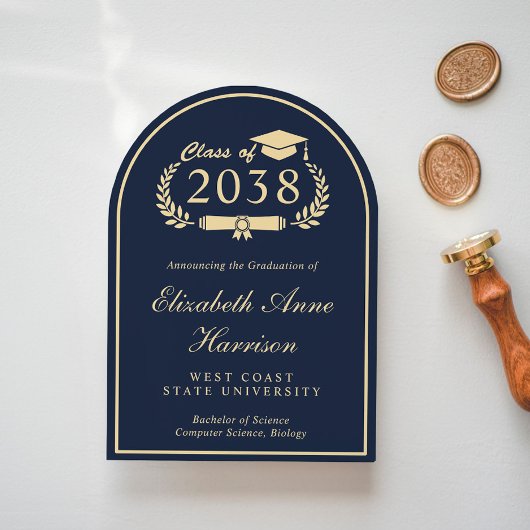 Elegante blauwe script eindexamenfeestboog voor un kaart