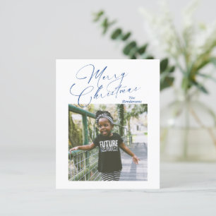 Elegante Blauwe Script Foto Budget Kerstkaart
